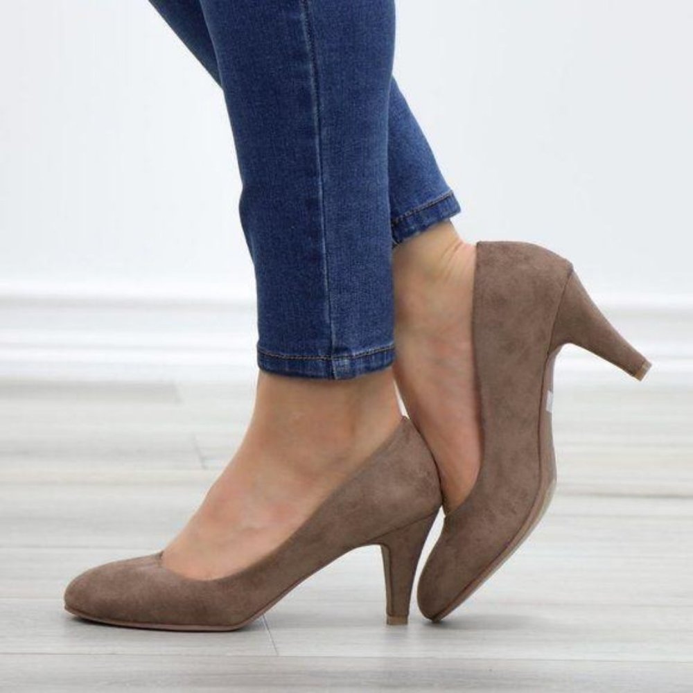 Dark Taupe Suede Round Toe Kitten Low Heel Pumps - Picture 3 of 8